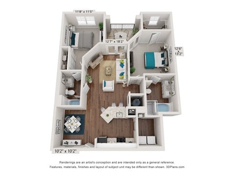 Floor plan for 2 beds, 2 baths, 1166 sqft